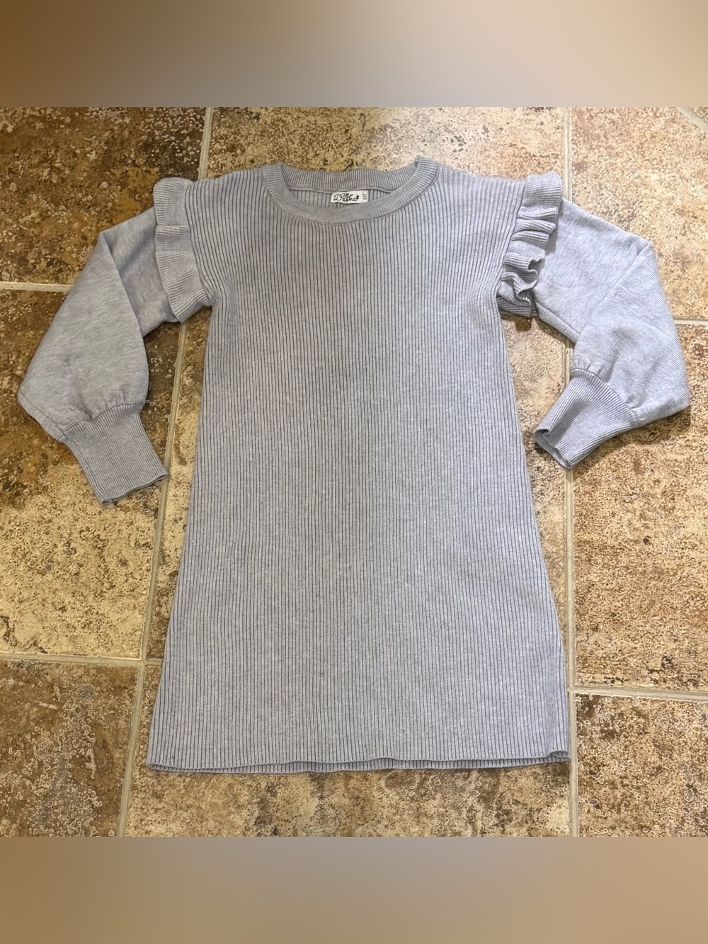 Girls' Light Gray Ribbed Knit Dress with Ruffle Shoulder Detail